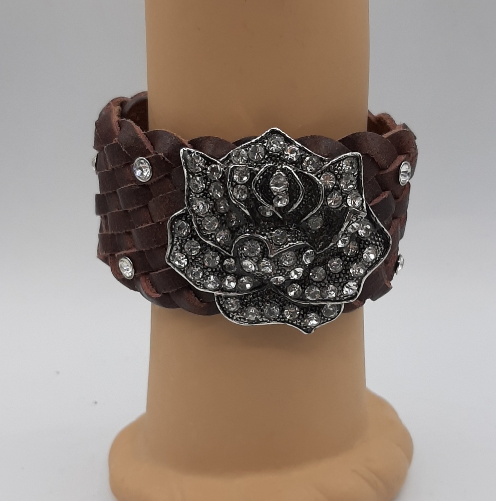 Genuine Braided Leather Rhinestone 2 Snap Bracelet 1 1/2" Wide